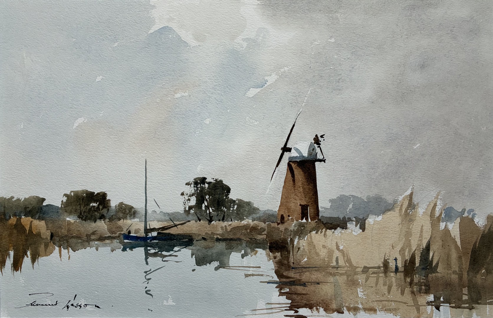 Edward Wesson watercolour painting - On The Norfolk Broads
