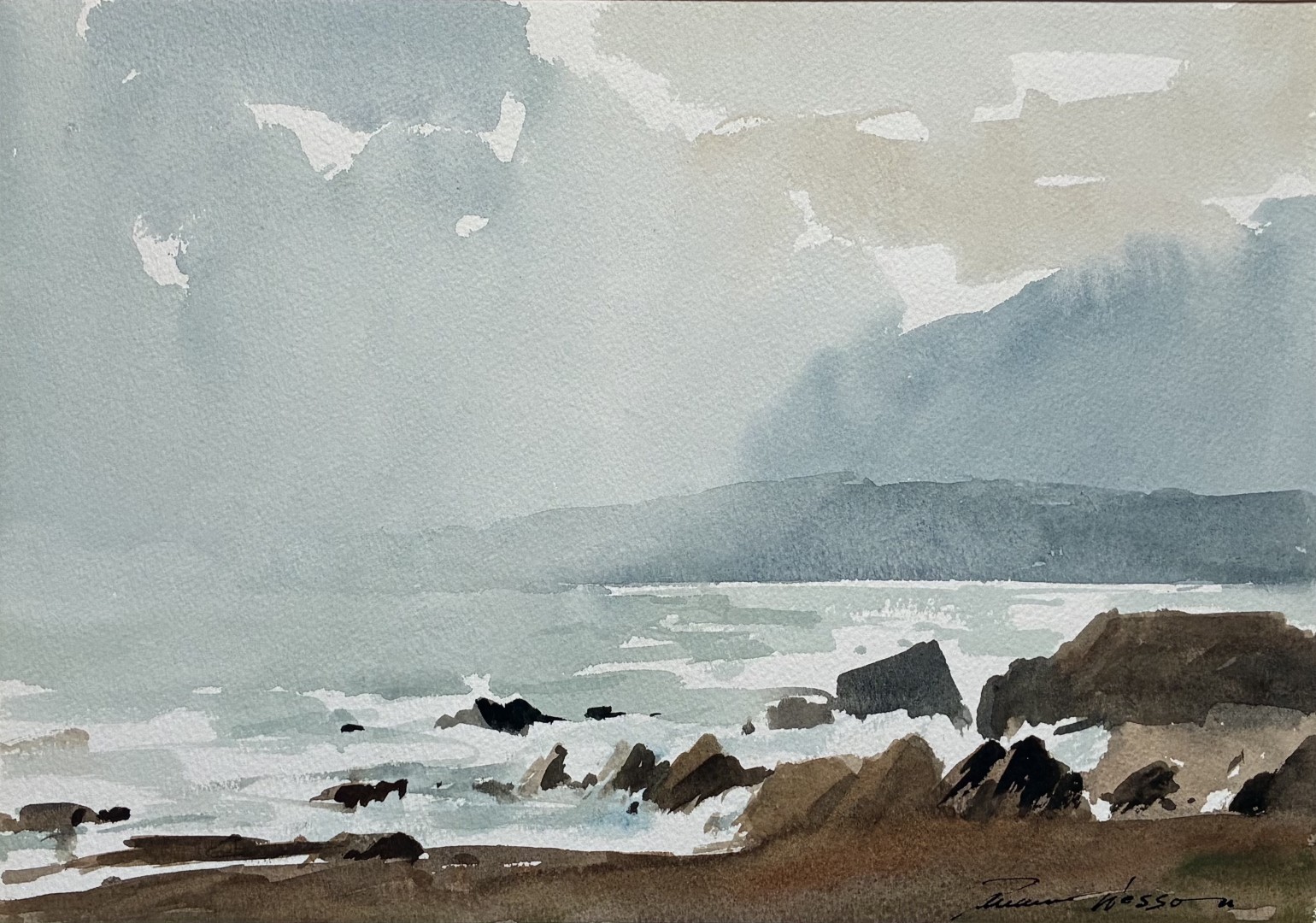 Edward Wesson watercolour painting - Rain On The Shore of Arran