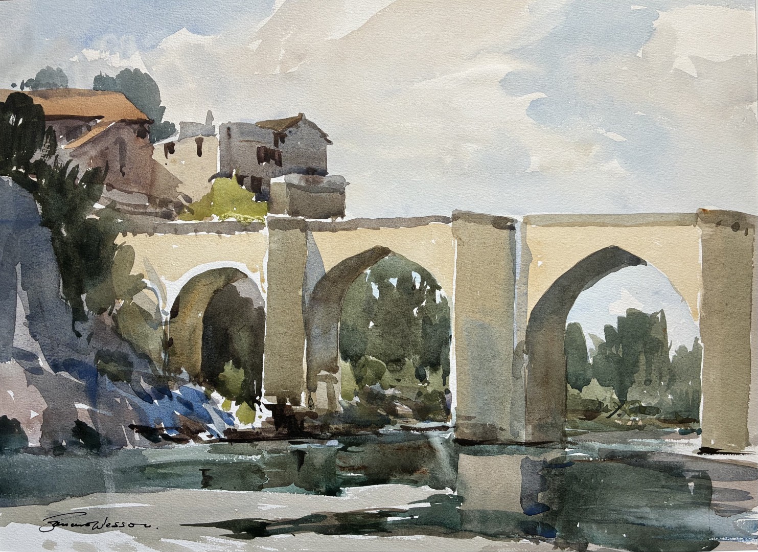 Edward Wesson watercolour painting - Pont de Nicolas de Campagnac, Sainte-Anastasie, Gard, South of France