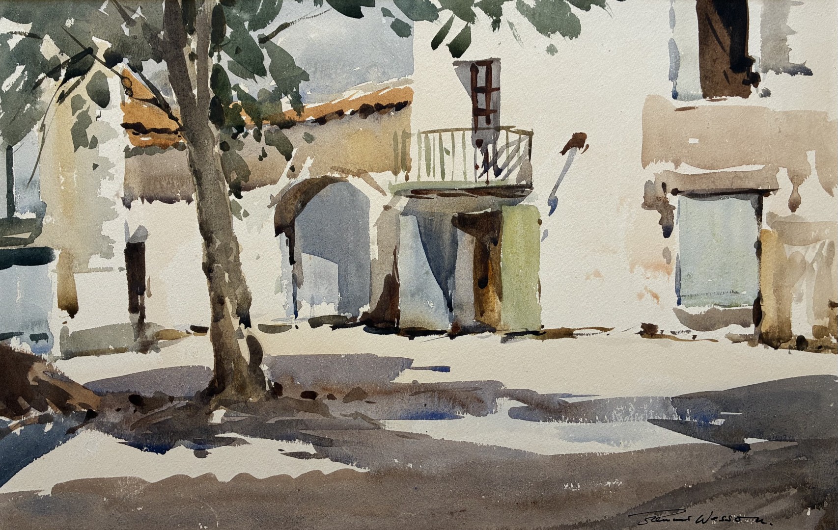 Edward Wesson watercolour painting - Market Square, Uzes, South of France
