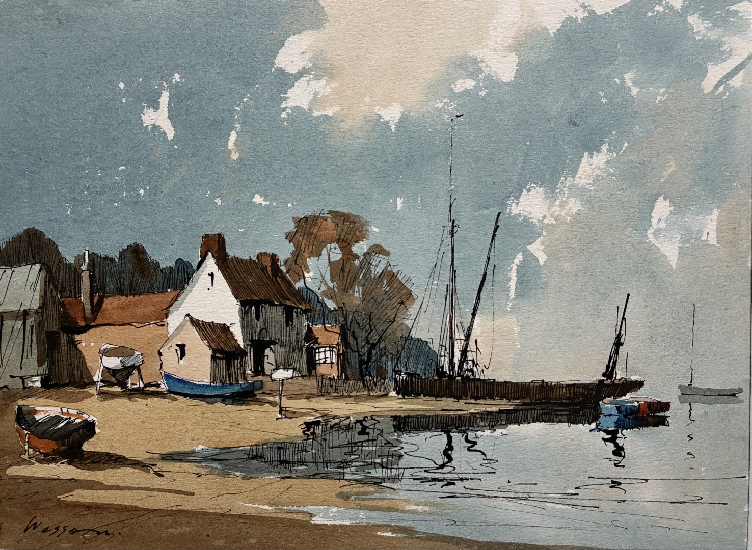 Edward Wesson watercolour painting - The Boatyard, Pin Mill, Suffolk