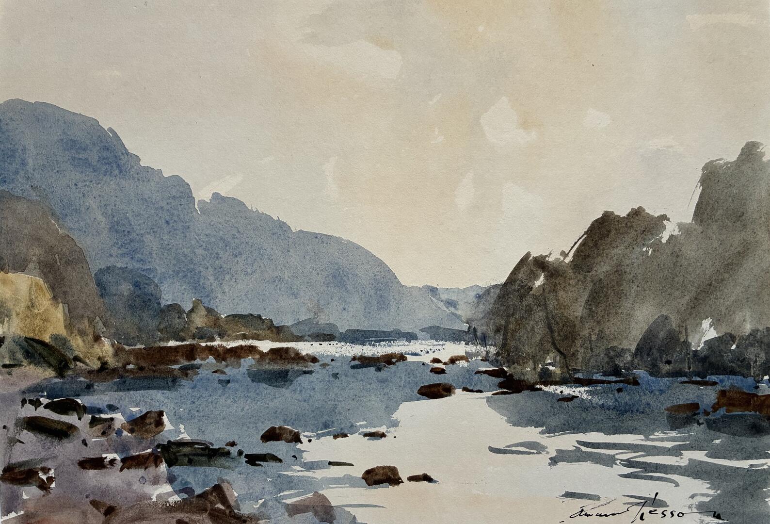 Edward Wesson watercolour painting - On The Swale, Richmond, North Yorkshire